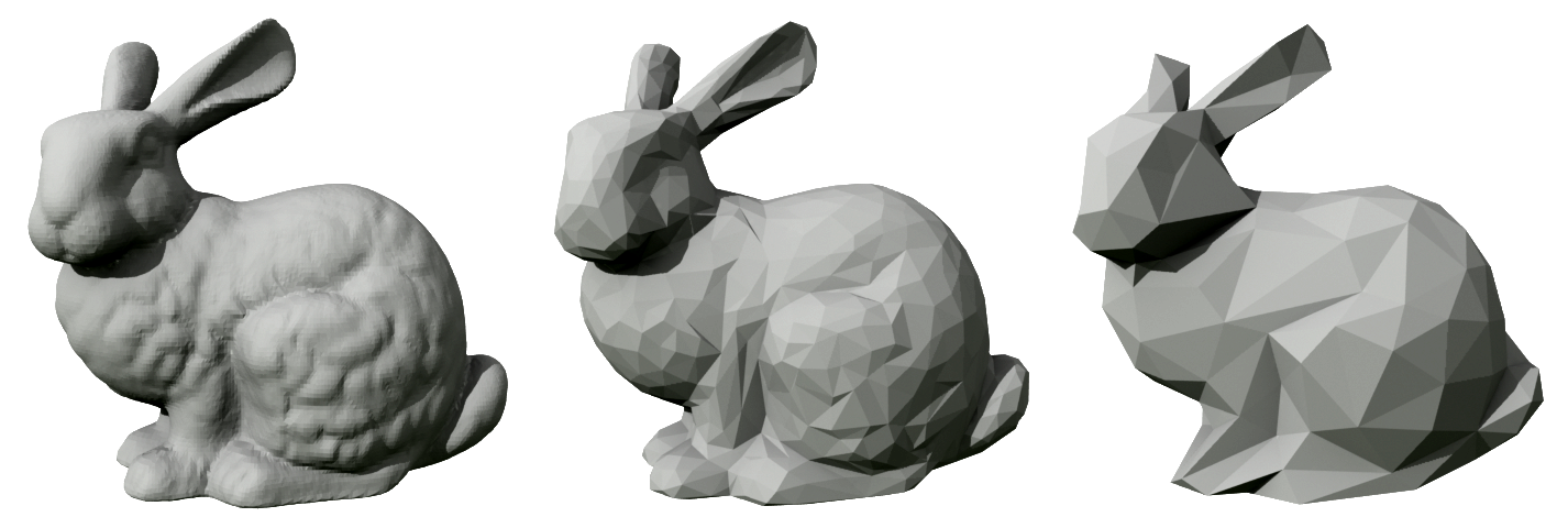 The Stanford bunny rendered at three levels of detail — from thousands of polygons down to a few hundred